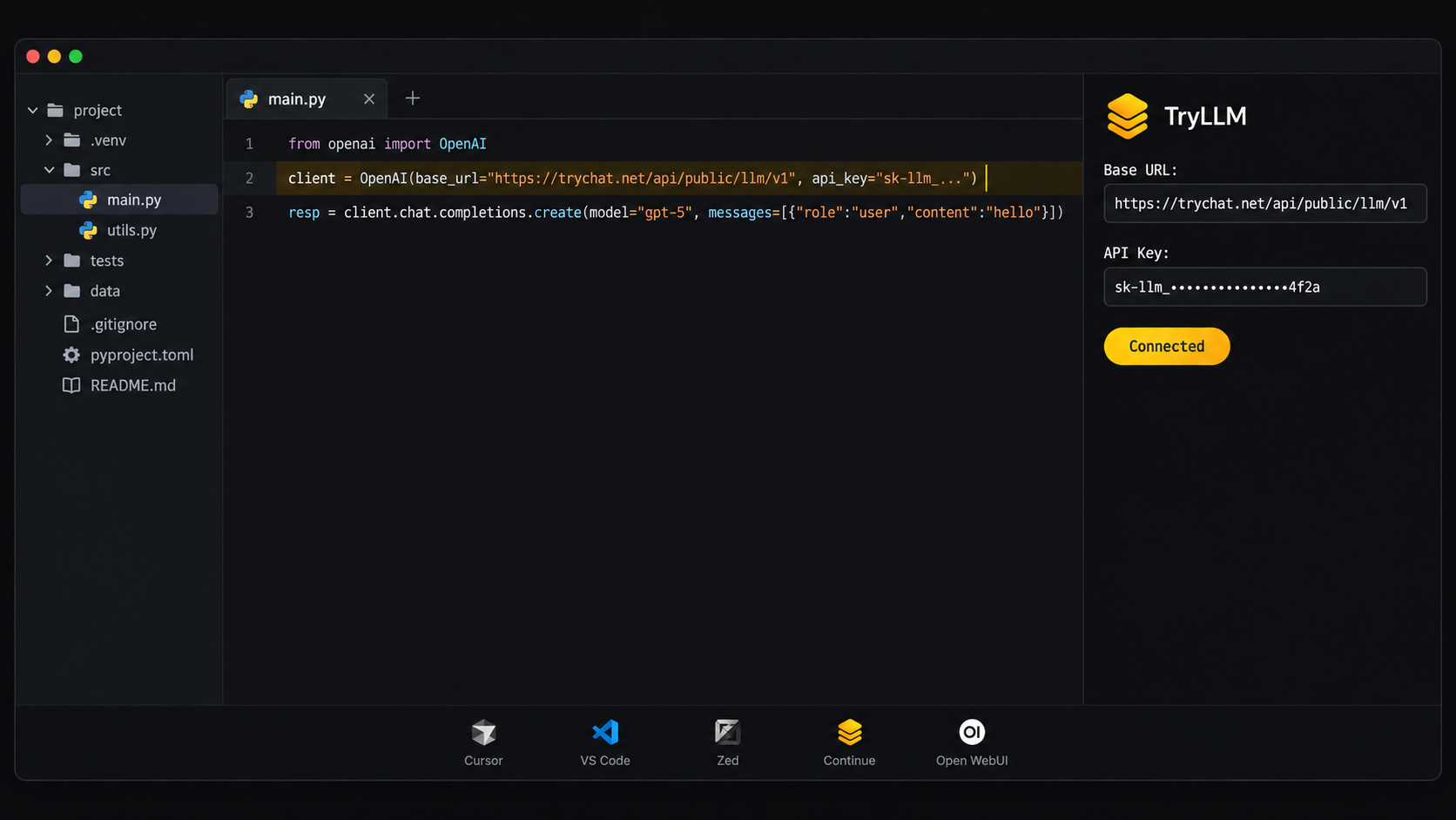TryLLM API key shown in a code editor with Cursor, VS Code, Zed, Continue and Open WebUI logos